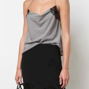 NWT $325 Kiki de Montparnasse Lace Trim Silk Cami Top in Silver MEDIUM